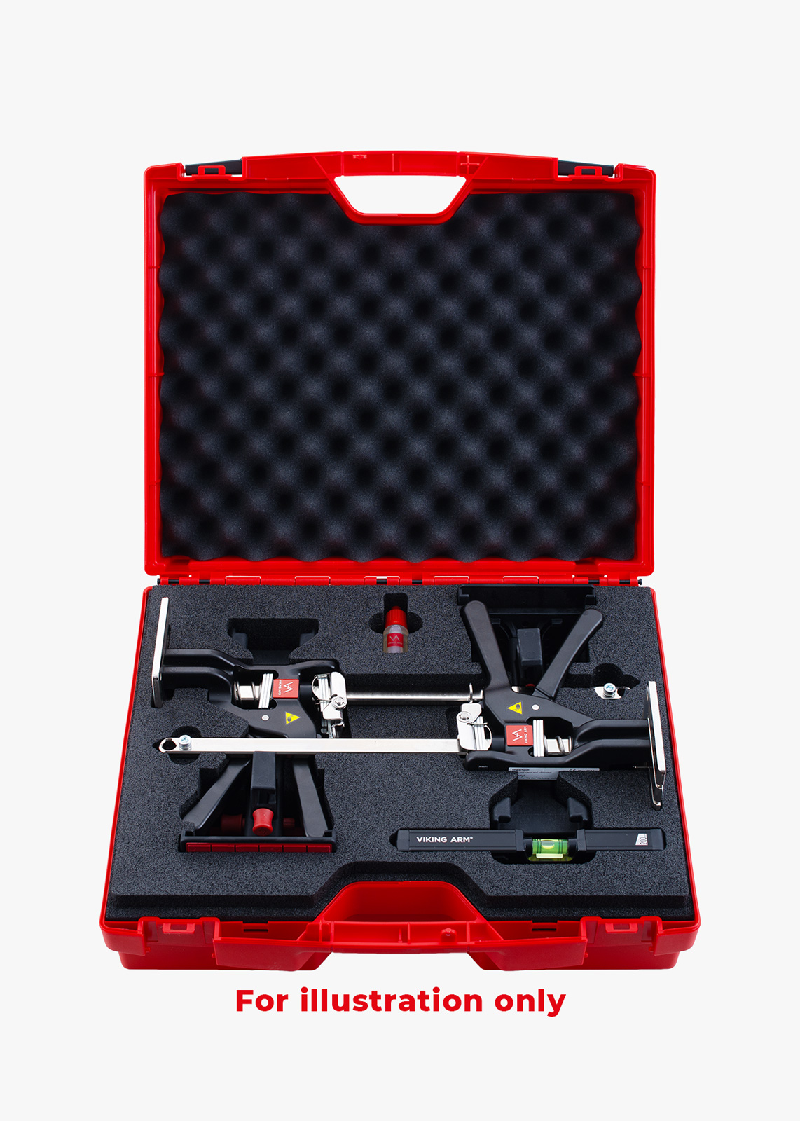 Example of how two Viking Arms and Two Cabinet Installation Kits (CIK) are store in the toolbox