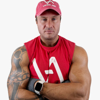 Stonewashed cap with Viking Arm logo shown on model - Front