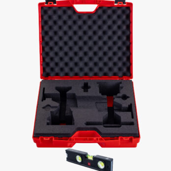 Emtpy red hardshell case with cutout foam for 2 x Viking Arm and 2 x Cabinet Installation Kits. Magnetic spirit level is included.