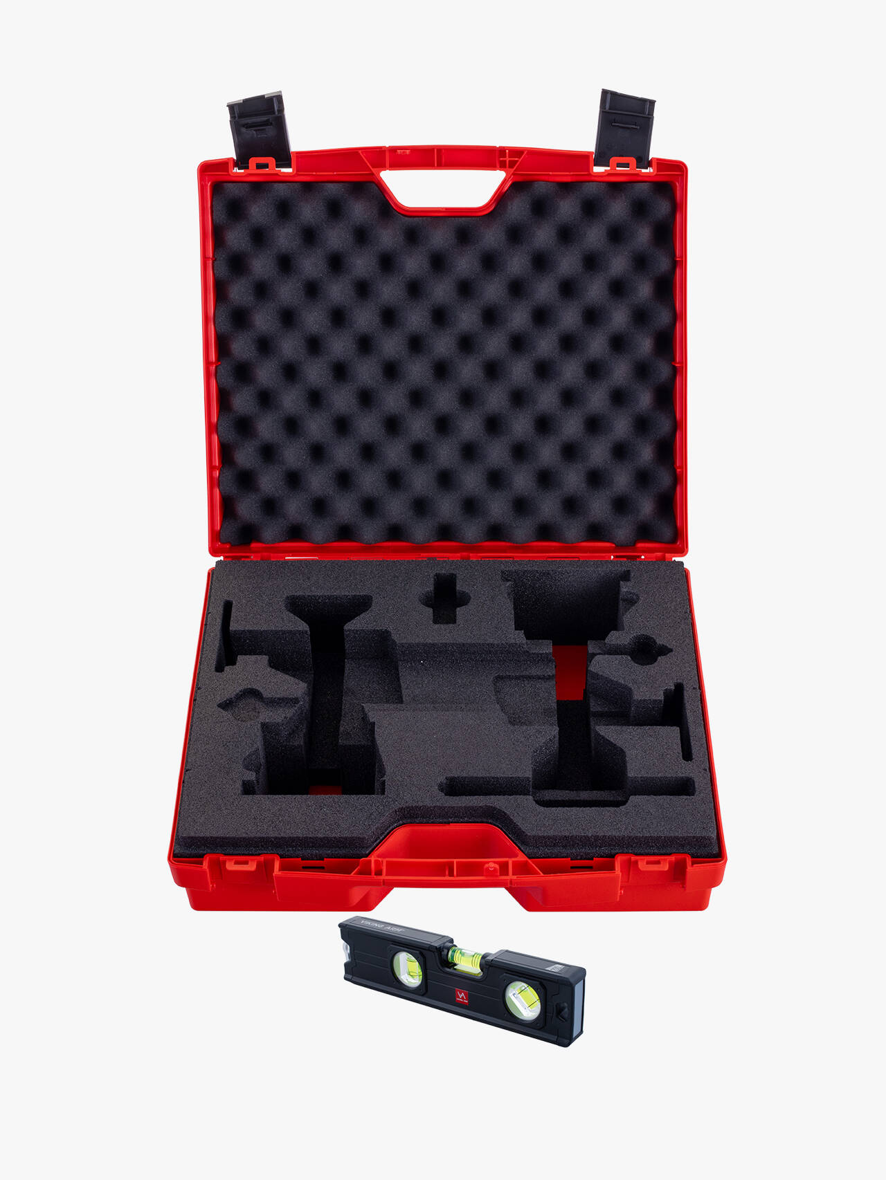 Emtpy red hardshell case with cutout foam for 2 x Viking Arm and 2 x Cabinet Installation Kits. Magnetic spirit level is included.