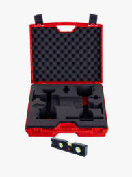 Emtpy red hardshell case with cutout foam for 2 x Viking Arm and 2 x Cabinet Installation Kits. Magnetic spirit level is included.