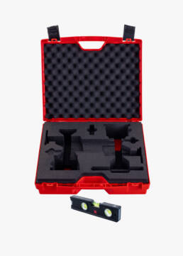 Emtpy red hardshell case with cutout foam for 2 x Viking Arm and 2 x Cabinet Installation Kits. Magnetic spirit level is included.