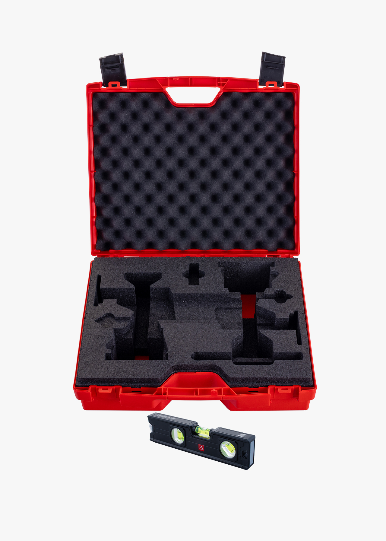 Emtpy red hardshell case with cutout foam for 2 x Viking Arm and 2 x Cabinet Installation Kits. Magnetic spirit level is included.
