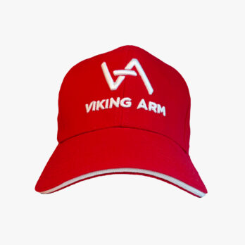 Red Viking Arm cap with white embroidered logo, front view