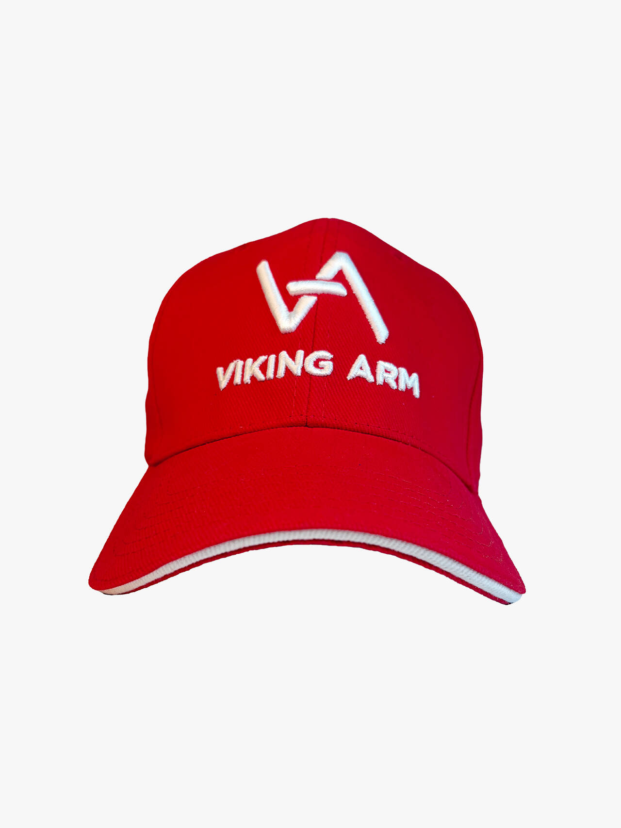 Red Viking Arm cap with white embroidered logo, front view
