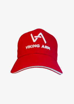 Red Viking Arm cap with white embroidered logo, front view