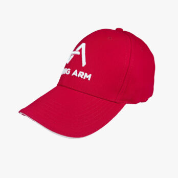 Red Viking Arm cap with white embroidered logo, front-side view