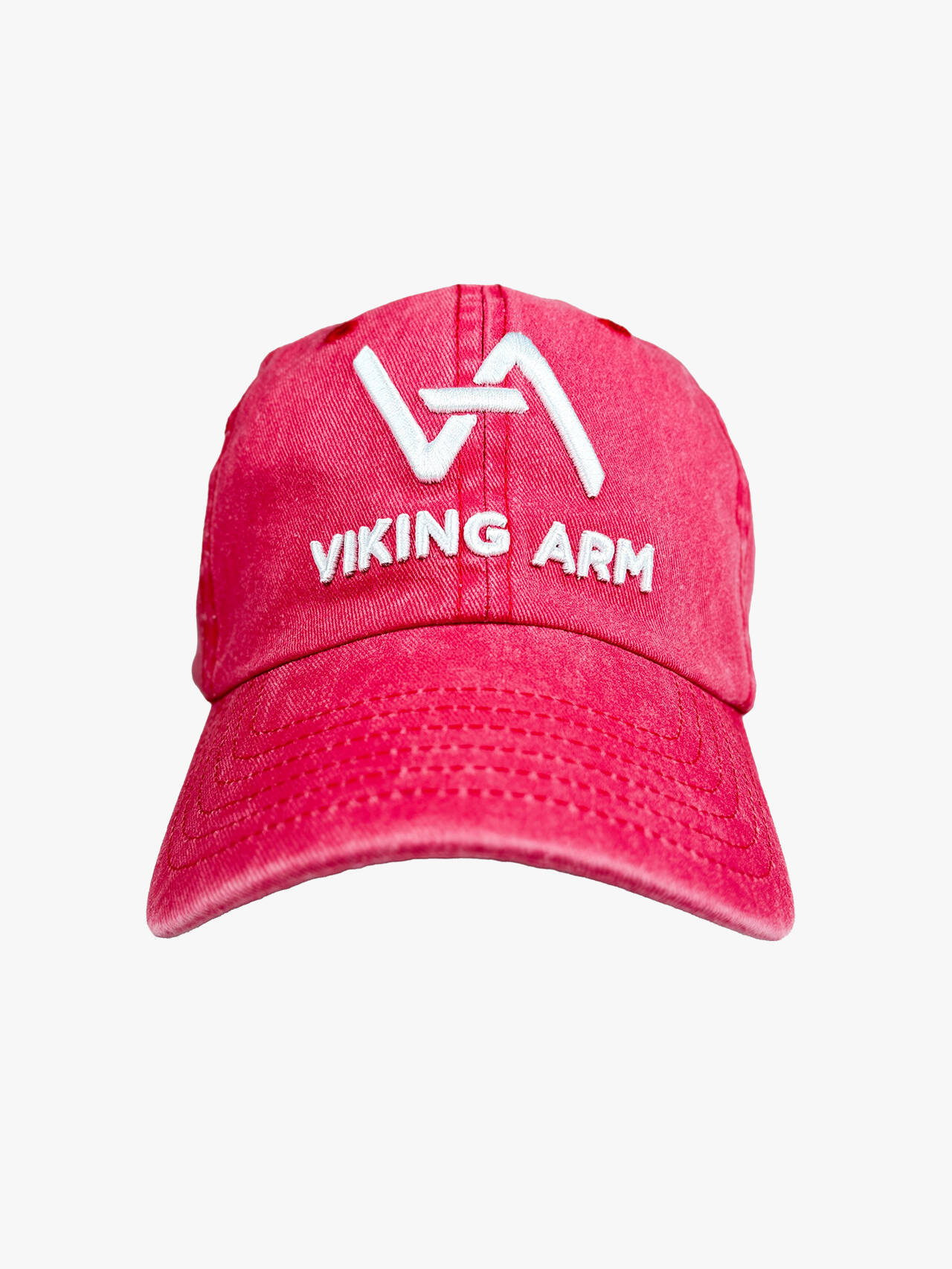 Stonewashed Viking Arm cap with white embroidered logo, front view