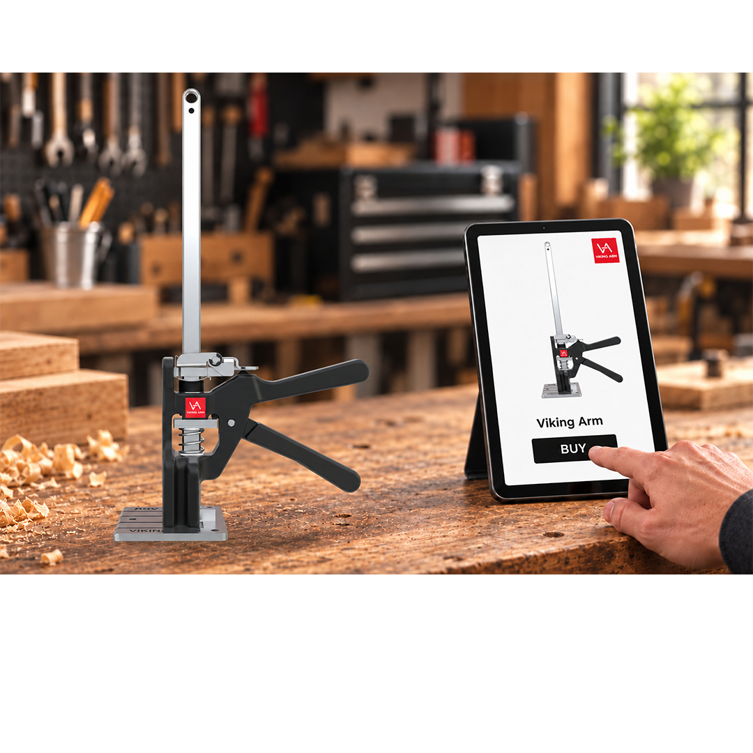Viking Arm lifting tool on a workbench beside a tablet, with a hand tapping the Buy button.